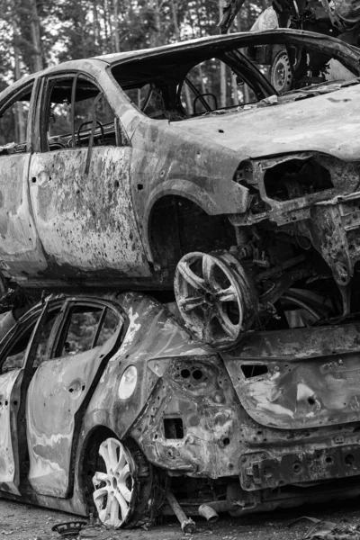 Stock Black White Photo Shows Dump Shot Burned Cars Irpin — Stockfoto