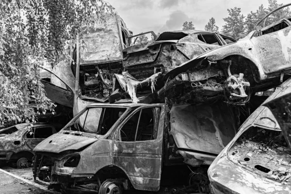 Stock Black White Photo Shows Dump Shot Burned Cars Irpin — 图库照片