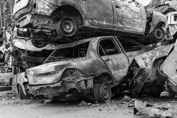 Stock Black White Photo Shows Dump Shot Burned Cars Irpin — Stock Fotó