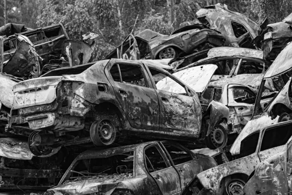 Stock Black White Photo Shows Dump Shot Burned Cars Irpin — Stock Photo, Image