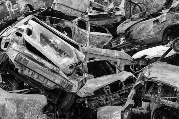 Stock Black White Photo Shows Dump Shot Burned Cars Irpin — 스톡 사진