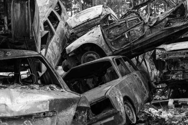 Stock Black White Photo Shows Dump Shot Burned Cars Irpin — Stock Fotó