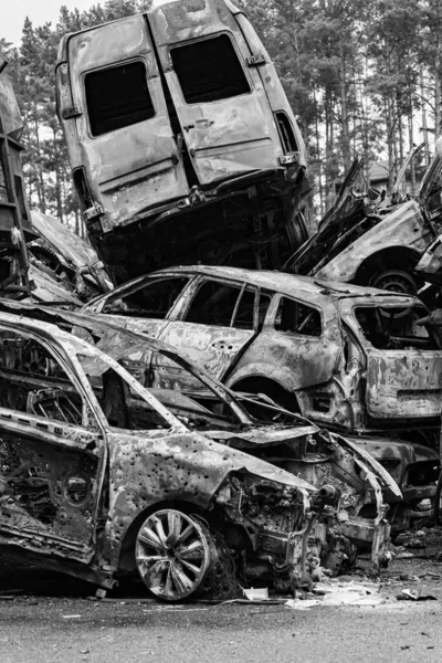 Stock Black White Photo Shows Dump Shot Burned Cars Irpin — Photo