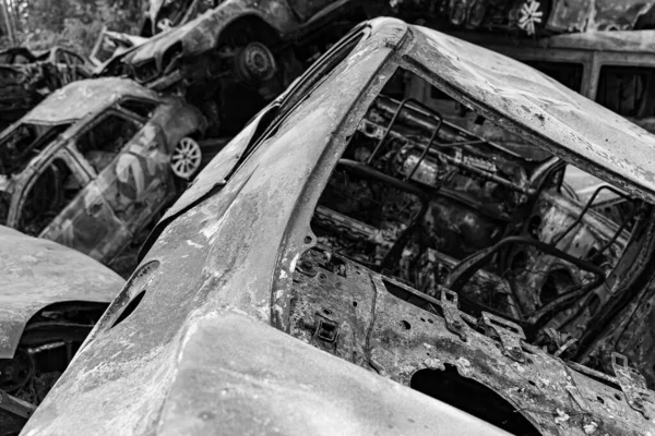 Stock Black White Photo Shows Dump Shot Burned Cars Irpin — Fotografia de Stock