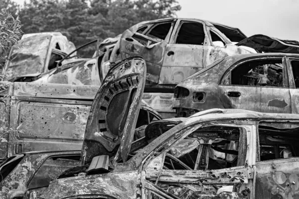Stock Black White Photo Shows Dump Shot Burned Cars Irpin — Stok fotoğraf