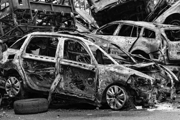 Stock Black White Photo Shows Dump Shot Burned Cars Irpin — Stockfoto