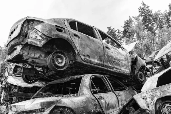 Stock Black White Photo Shows Dump Shot Burned Cars Irpin — Stock Photo, Image