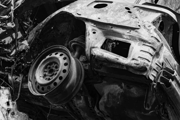 Чорно Біле Фото Показує Звалище Знімків Спалених Автомобілів Ірпіні Район — стокове фото