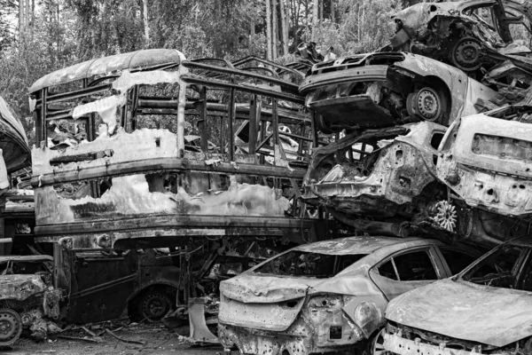 Stock Black White Photo Shows Dump Shot Burned Cars Irpin — 图库照片