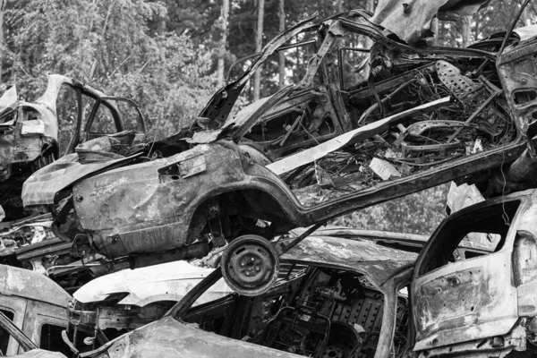 Stock Black White Photo Shows Dump Shot Burned Cars Irpin — Φωτογραφία Αρχείου