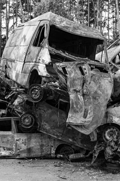 Stock Black White Photo Shows Dump Shot Burned Cars Irpin — Photo