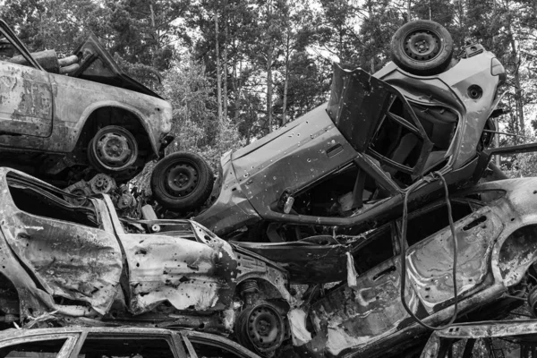 Stock Black White Photo Shows Dump Shot Burned Cars Irpin Jogdíjmentes Stock Fotók