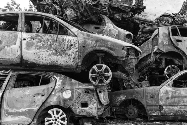 Stock Black White Photo Shows Dump Shot Burned Cars Irpin — 스톡 사진