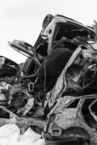 Stock Black White Photo Shows Dump Shot Burned Cars Irpin — Fotografia de Stock
