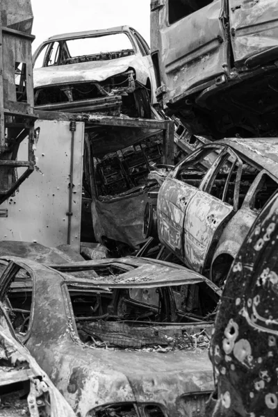 Stock Black White Photo Shows Dump Shot Burned Cars Irpin — 스톡 사진