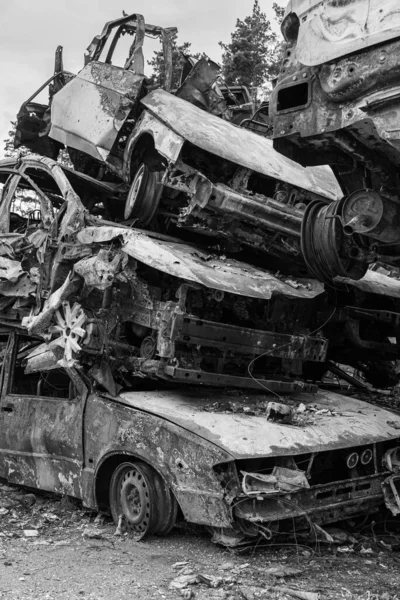 Stock Black White Photo Shows Dump Shot Burned Cars Irpin — Stock Photo, Image