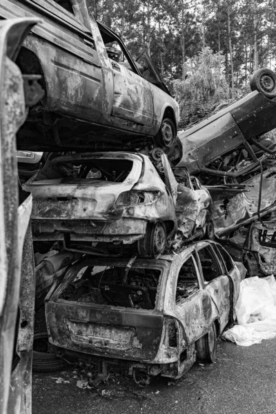 Stock Black White Photo Shows Dump Shot Burned Cars Irpin — Photo