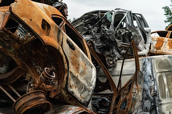 Stock Photo Shows Dump Shot Burned Cars Irpin Bucha District — Stock Photo, Image