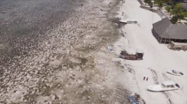 Bu stok videosu 8K çözünürlükte Zanzibar açıklarında okyanusta alçak gelgitin havadan görüntüsünü gösteriyor.