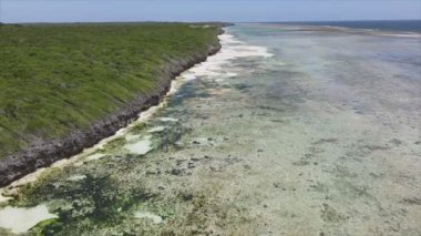 Bu stok videosu 8K çözünürlükte Tanzanya, Zanzibar açıklarındaki okyanusta alçak gelgitin havadan görüntüsünü gösteriyor.