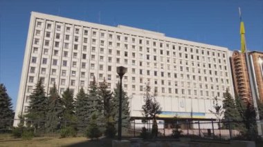 This stock video shows an aerial view of the building of the Central Election Commission in Kyiv, Ukraine in 8K resolution