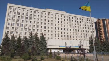 This stock video shows an aerial view of the building of the Central Election Commission in Kyiv, Ukraine in 8K resolution