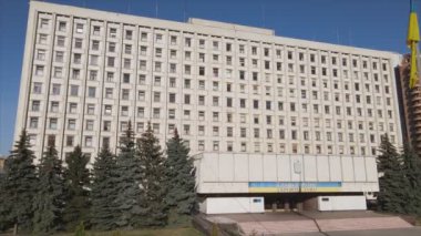 This stock video shows an aerial view of the building of the Central Election Commission in Kyiv, Ukraine in 8K resolution