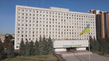 This stock video shows an aerial view of the building of the Central Election Commission in Kyiv, Ukraine in 8K resolution