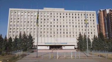 This stock video shows an aerial view of the building of the Central Election Commission in Kyiv, Ukraine in 8K resolution