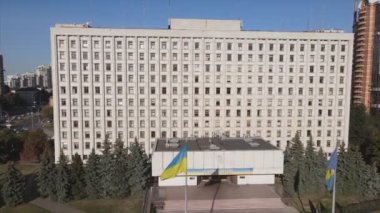 This stock video shows an aerial view of the building of the Central Election Commission in Kyiv, Ukraine in 8K resolution