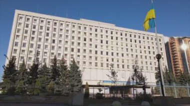 This stock video shows an aerial view of the building of the Central Election Commission in Kyiv, Ukraine in 8K resolution