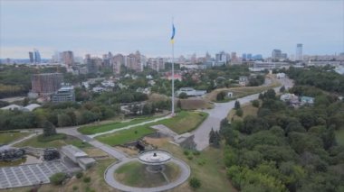 This stock footage shows aerial view of the national flag of Ukraine in Kyiv in 8K resolution