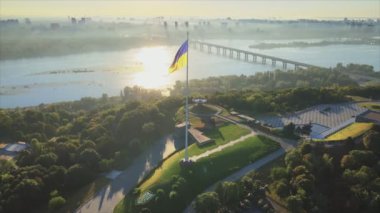 This stock footage shows aerial view of the national flag of Ukraine in Kyiv in 8K resolution