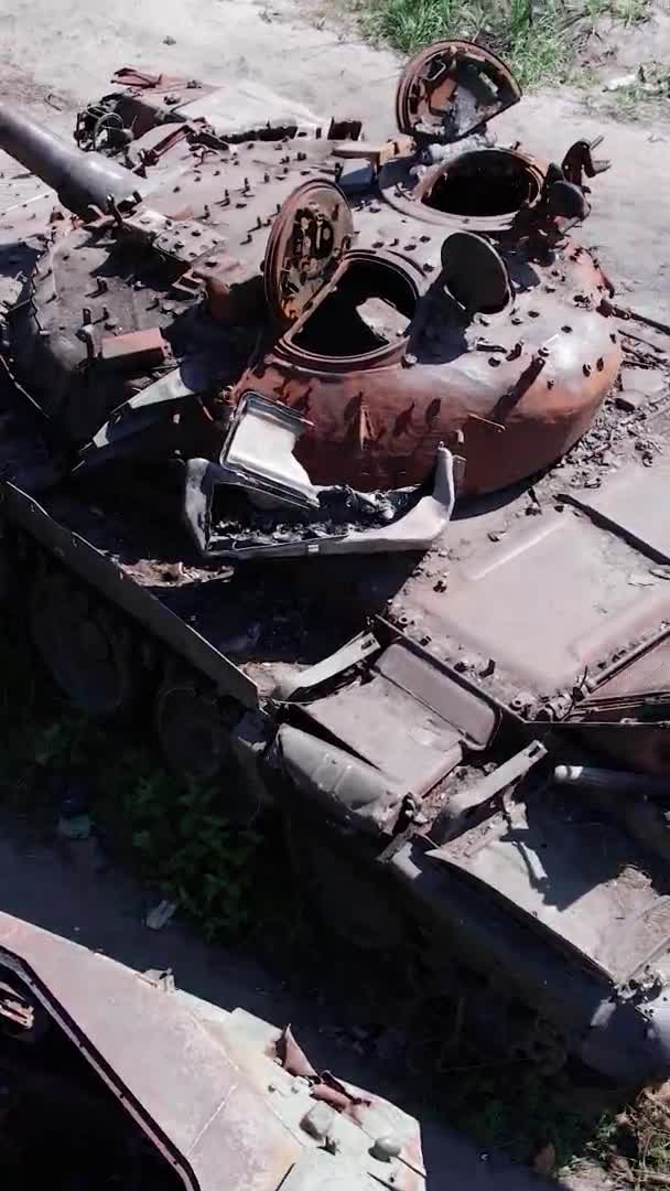 Stock Vertical Video Shows Aerial View Destroyed Military Equipment Ukraine — Stockvideo