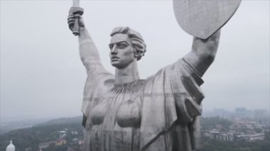 This stock video shows an aerial view of the symbol of Kyiv, Ukraine - the Motherland Monument in 8K resolution