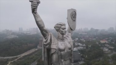 This stock video shows an aerial view of the symbol of Kyiv, Ukraine - the Motherland Monument in 8K resolution