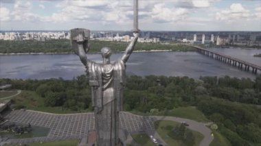 This stock video shows an aerial view of the symbol of Kyiv, Ukraine - the Motherland Monument in 8K resolution