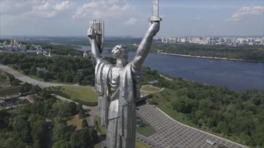 This stock video shows an aerial view of the symbol of Kyiv, Ukraine - the Motherland Monument in 8K resolution