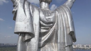 This stock video shows an aerial view of the symbol of Kyiv, Ukraine - the Motherland Monument in 8K resolution