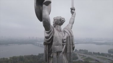 This stock video shows an aerial view of the symbol of Kyiv, Ukraine - the Motherland Monument in 8K resolution