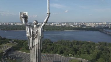 This stock video shows an aerial view of the symbol of Kyiv, Ukraine - the Motherland Monument in 8K resolution