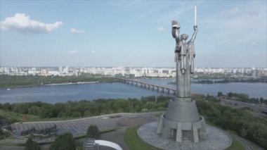 This stock video shows an aerial view of the symbol of Kyiv, Ukraine - the Motherland Monument in 8K resolution