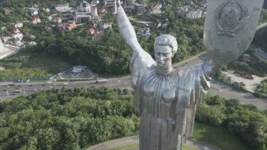 This stock video shows an aerial view of the symbol of Kyiv, Ukraine - the Motherland Monument in 8K resolution