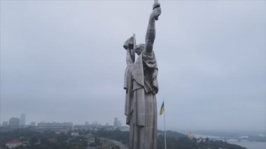 This stock video shows an aerial view of the symbol of Kyiv, Ukraine - the Motherland Monument in 8K resolution