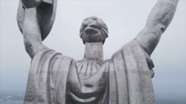 This stock video shows an aerial view of the symbol of Kyiv, Ukraine - the Motherland Monument in 8K resolution
