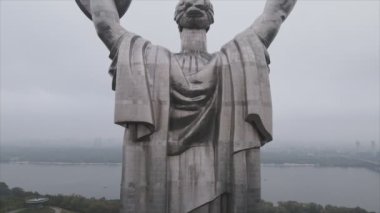 This stock video shows an aerial view of the symbol of Kyiv, Ukraine - the Motherland Monument in 8K resolution