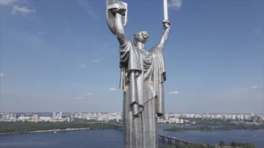 This stock video shows an aerial view of the symbol of Kyiv, Ukraine - the Motherland Monument in 8K resolution
