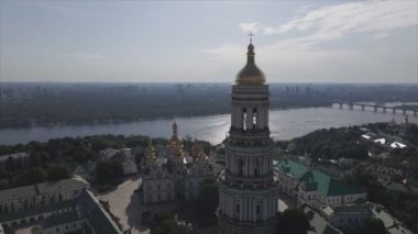 This stock video shows an aerial view of the historical symbol of Kyiv, Ukraine - Kyiv Pechersk Lavra in 8K resolution