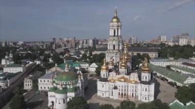 This stock video shows an aerial view of the historical symbol of Kyiv, Ukraine - Kyiv Pechersk Lavra in 8K resolution