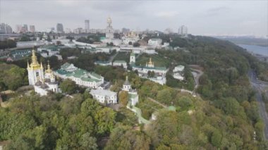 This stock video shows an aerial view of the historical symbol of Kyiv, Ukraine - Kyiv Pechersk Lavra in 8K resolution